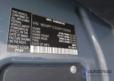 2019 Mercedes-Benz Sprinter 2500 High Roof V6 z USA, uszkodzony, nr VIN WD4PF1CD0KP152555